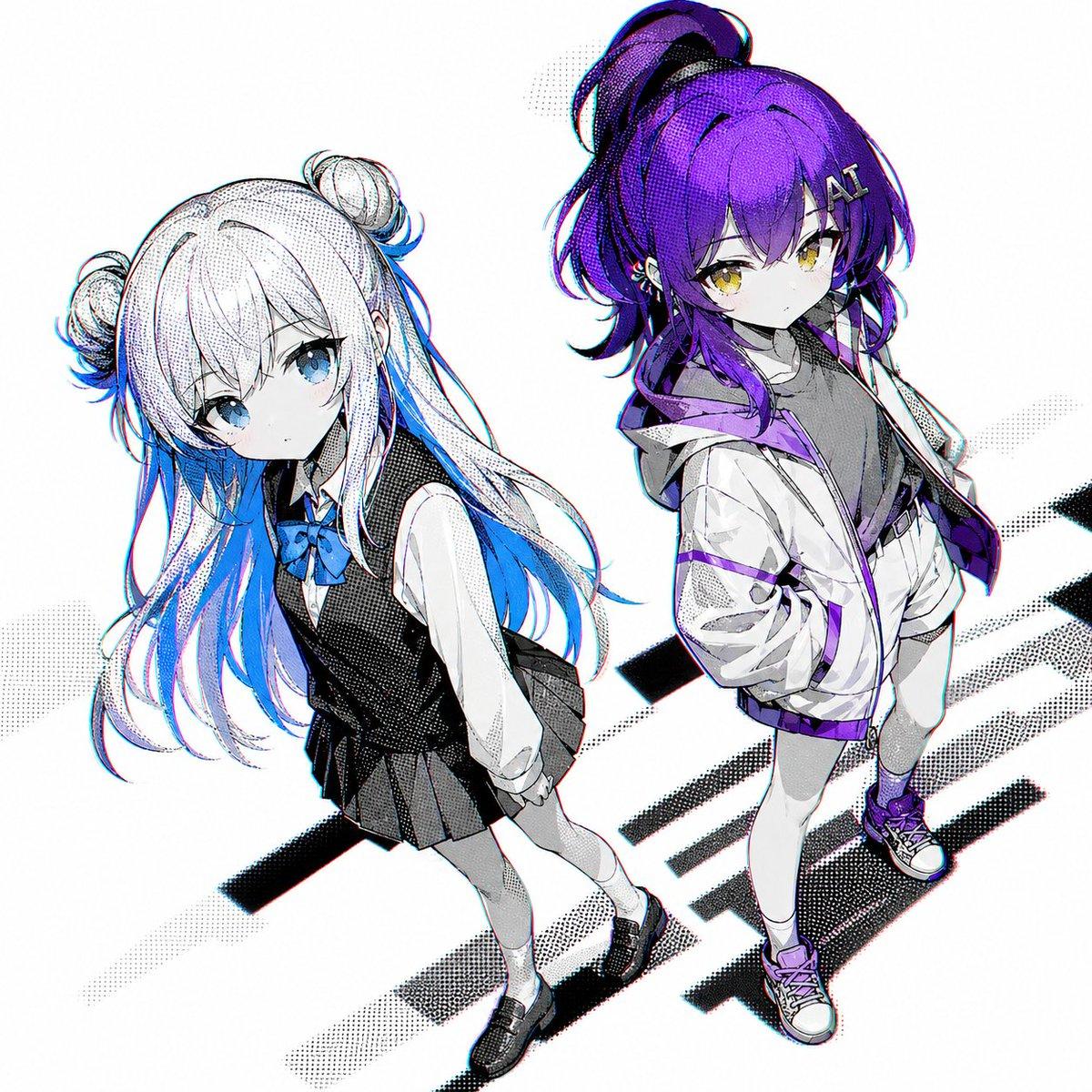 Two Anime Girls with Flashy Hair - AI image template preview