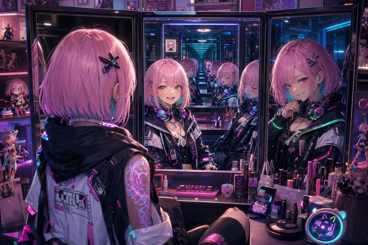 Cyberpunk Anime Vanity Mirror Scene - AI image template preview