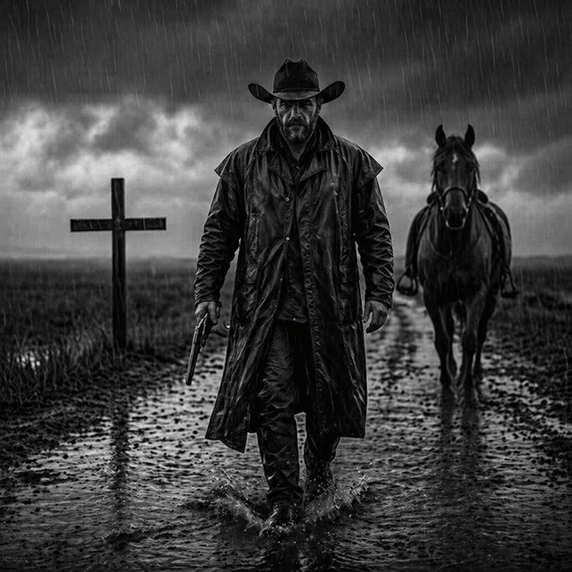 Rain-Soaked Dark Western Gunslinger - AI image template preview