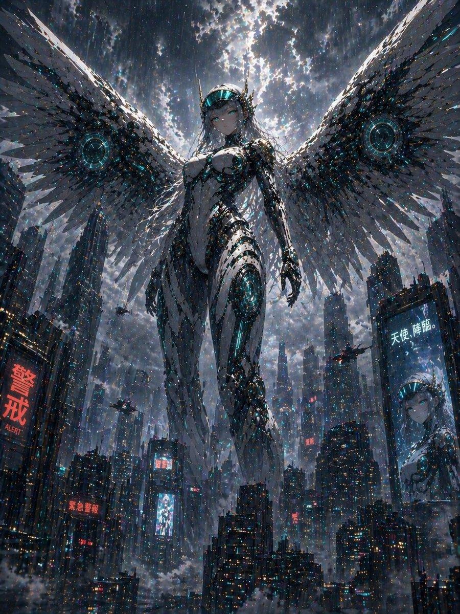 Cyberpunk Machine Angel Over Megacity - AI image template preview