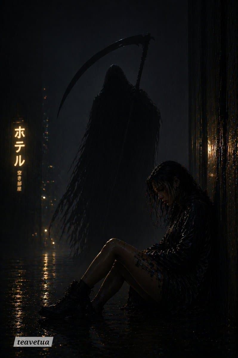 Rainy Alley Grim Reaper Horror Scene - AI image template preview