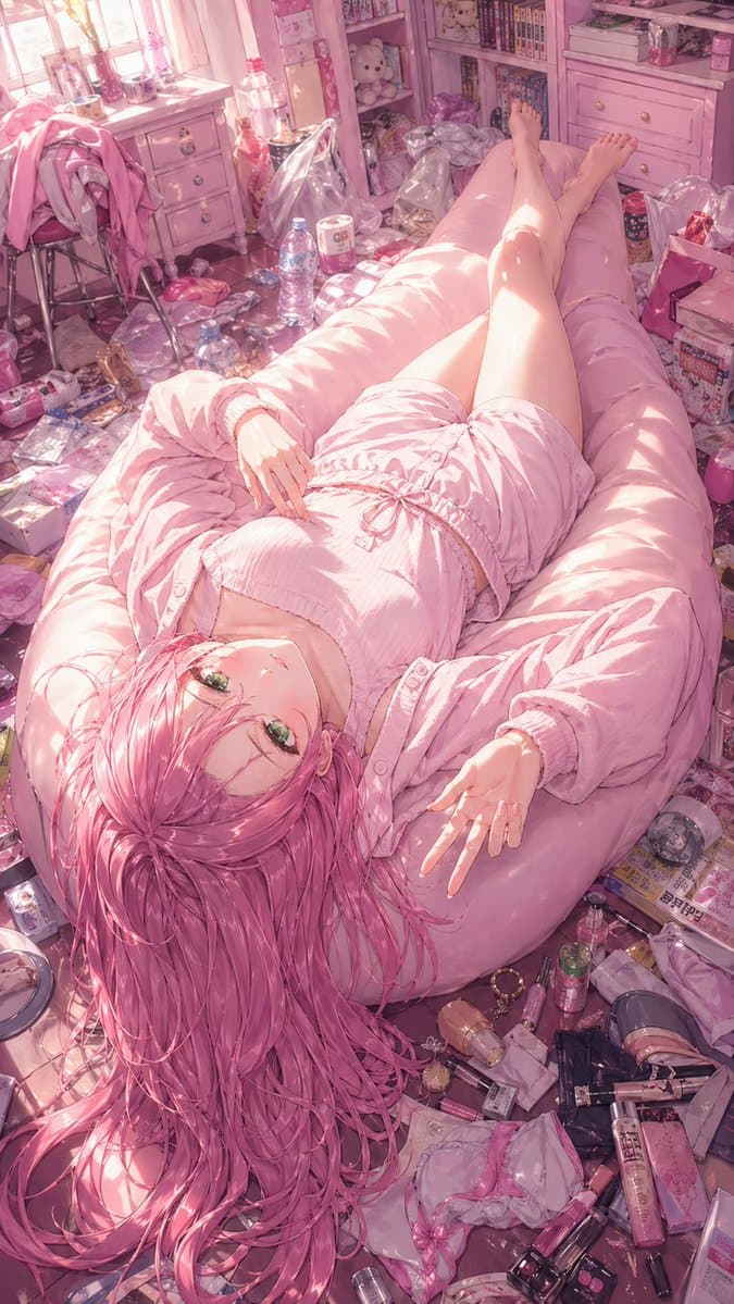 Pink Anime Girl in a Messy Bedroom - AI image template preview