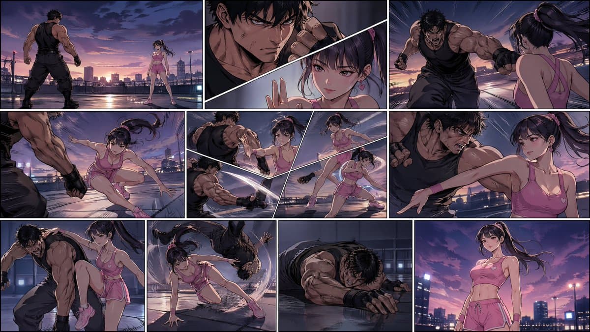 Manhwa Style Fighting Storyboard - AI image template preview