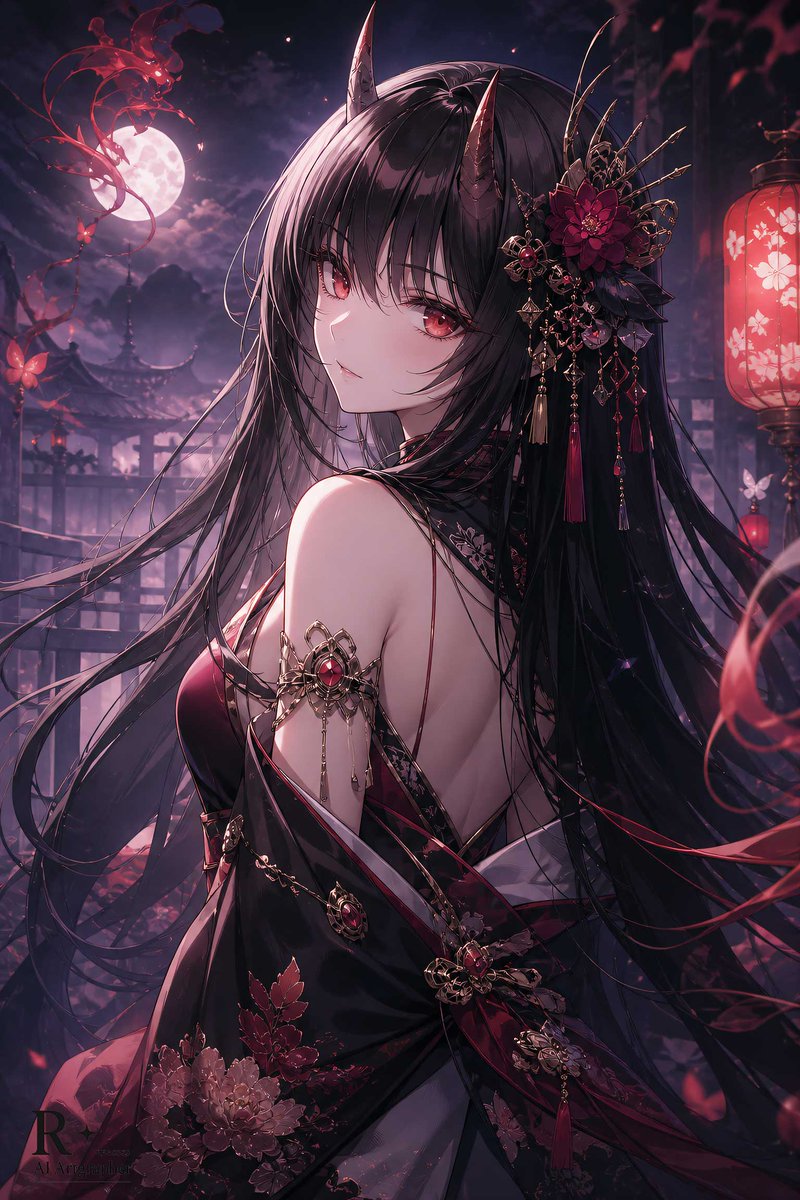 Fantasy Oni Girl Anime Illustration - AI image template preview