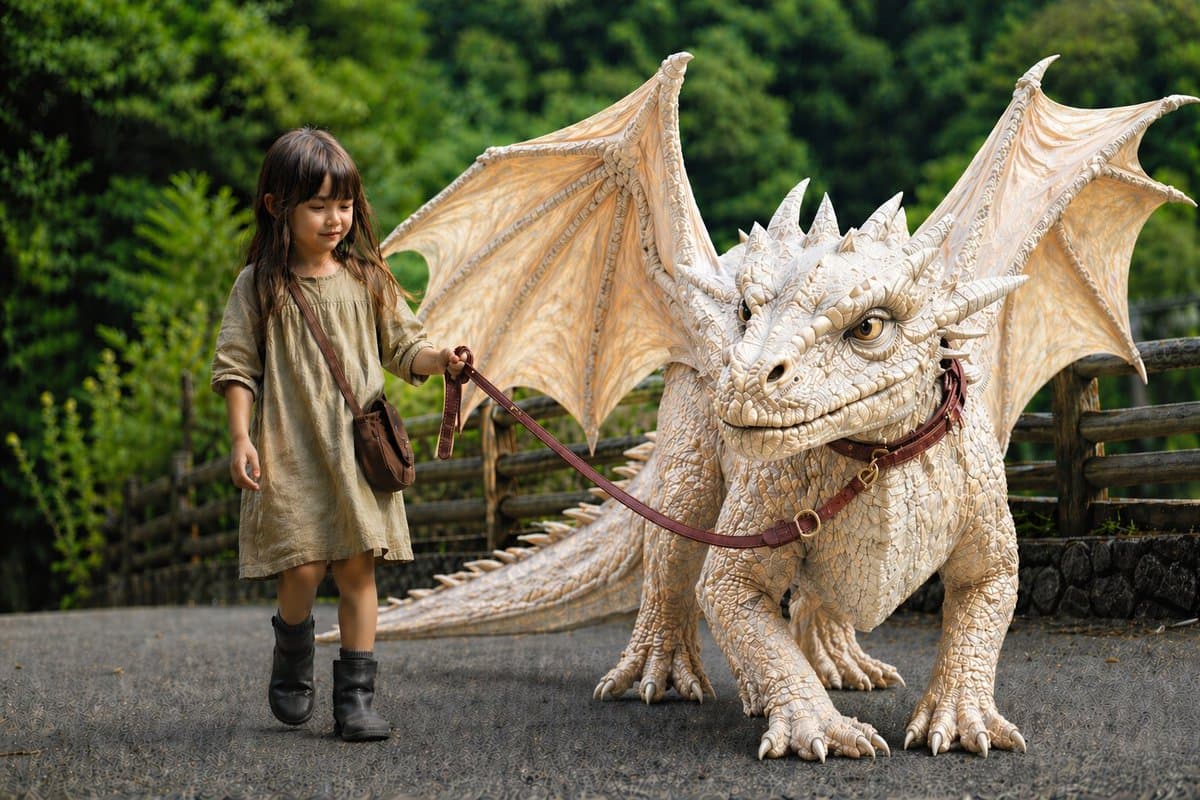 Girl Walking a Giant Cream Dragon - AI image template preview