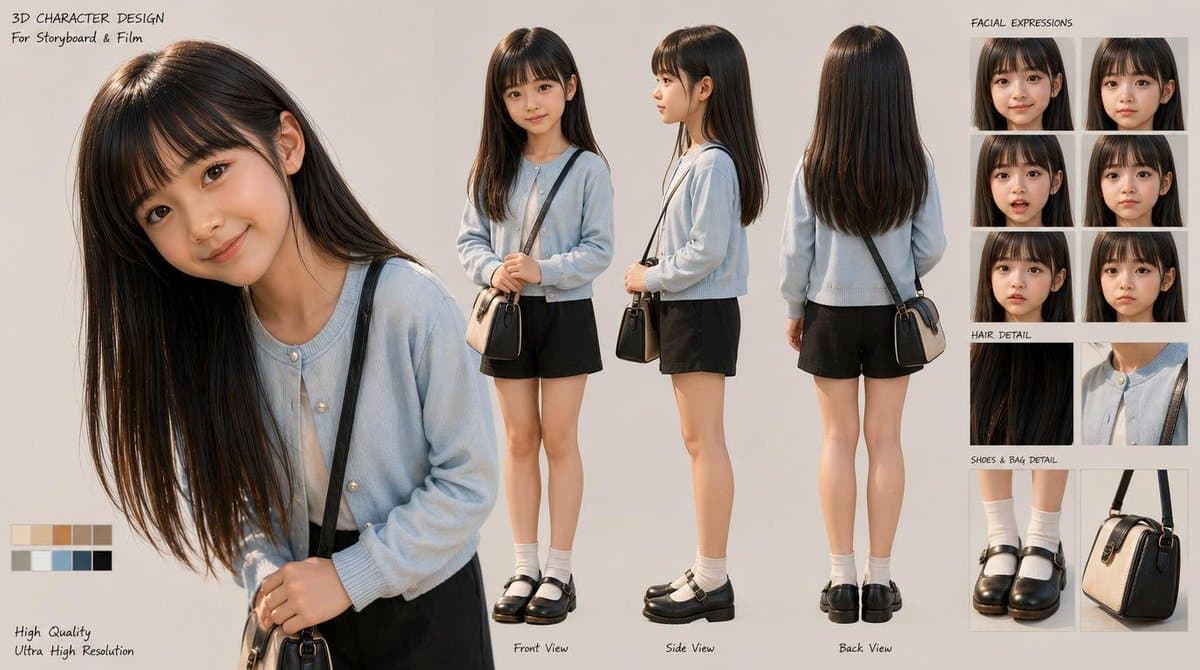 3D Schoolgirl Character Design Sheet - AI image template preview
