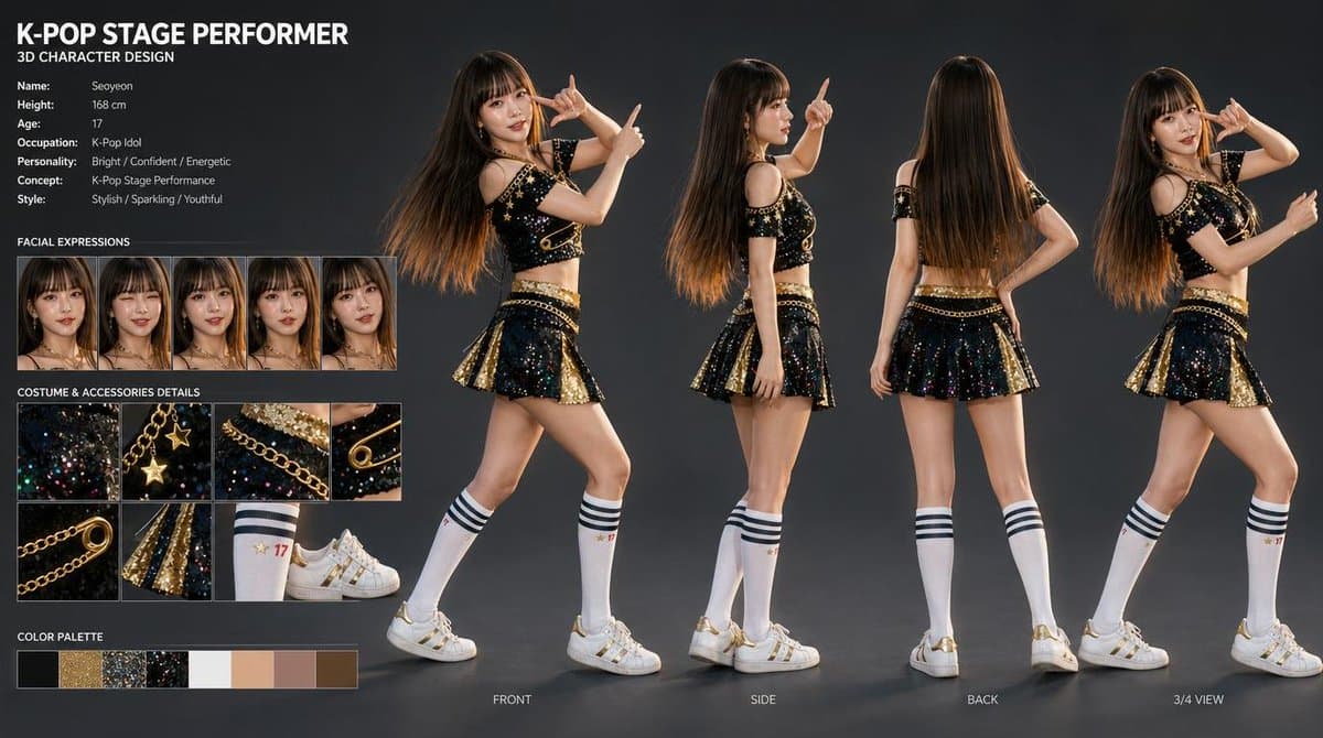 K-Pop Idol 3D Character Sheet - AI image template preview