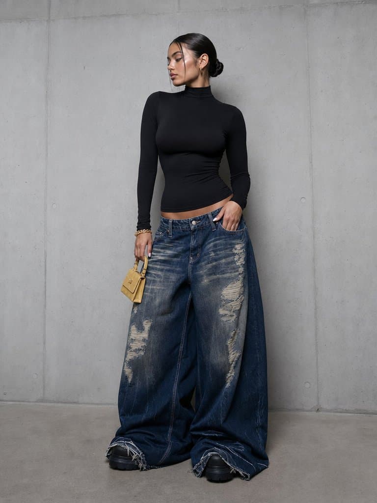 Editorial Portrait in Extreme Baggy Jeans - AI image template preview