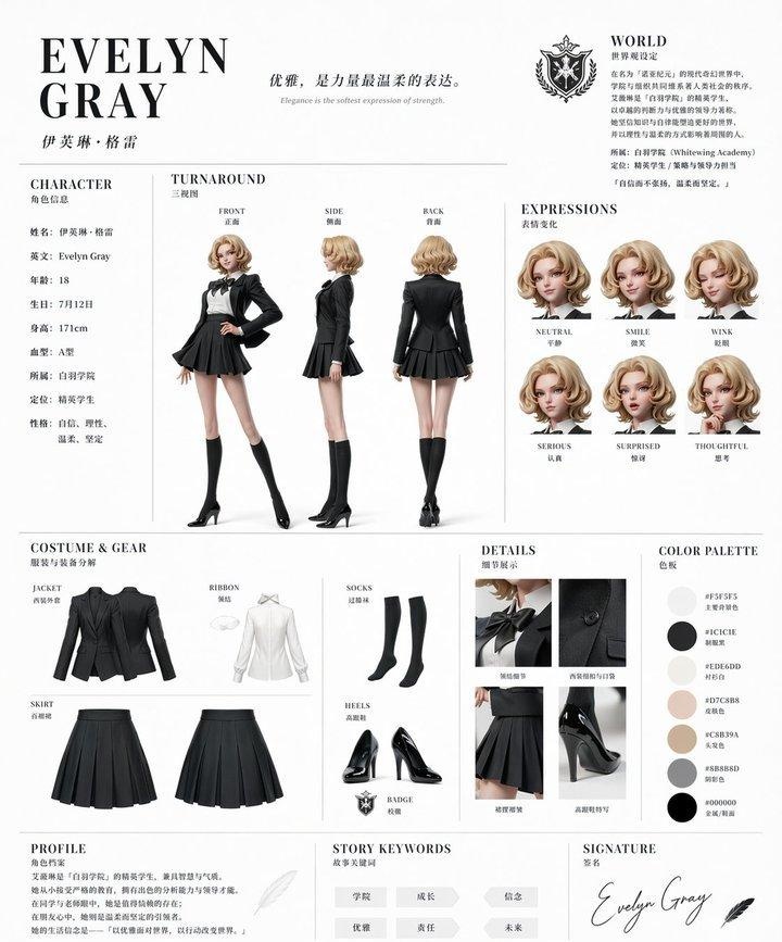 Elegant Academy Character Sheet - AI image template preview
