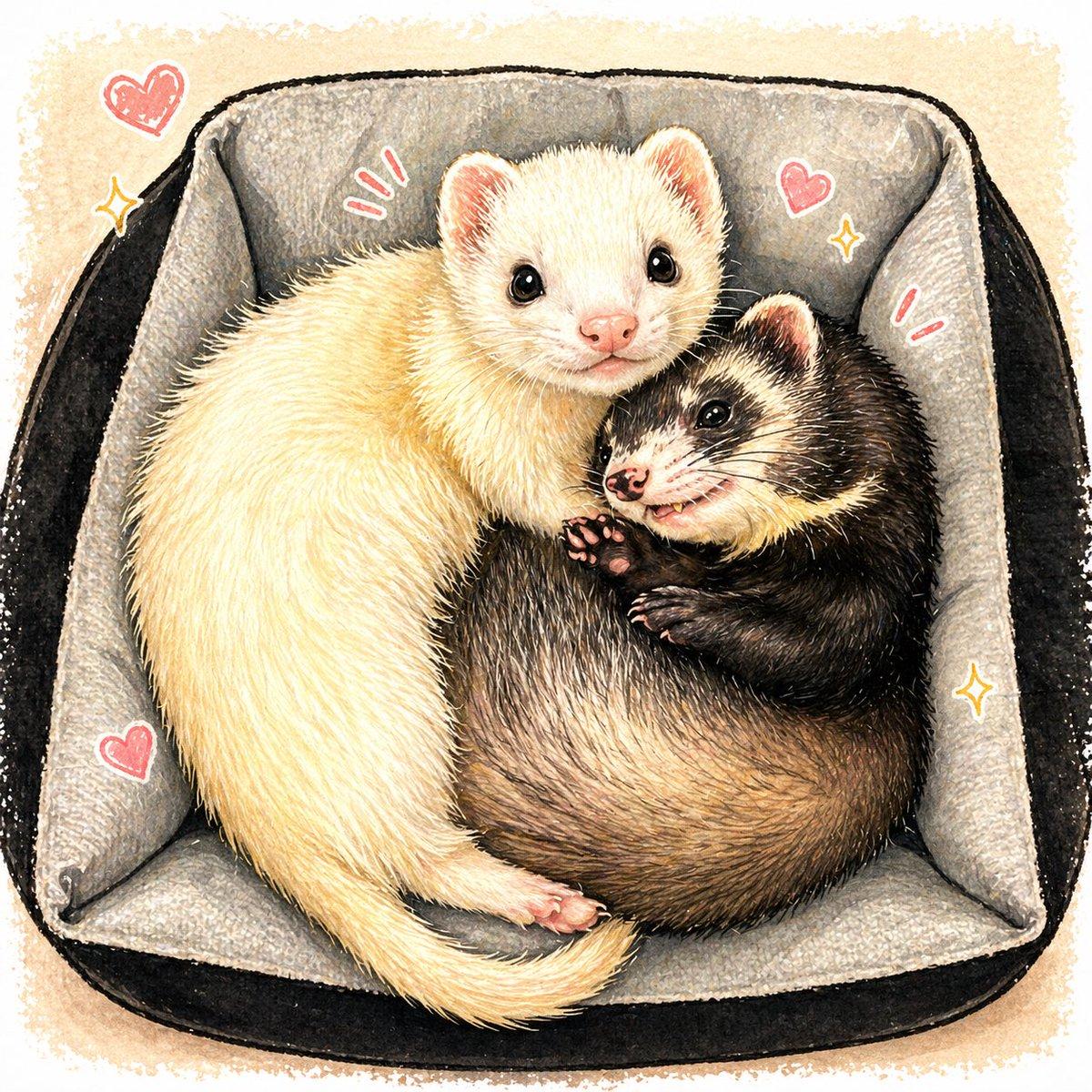 Cute Ferrets Cuddling in Pet Bed - AI image template preview