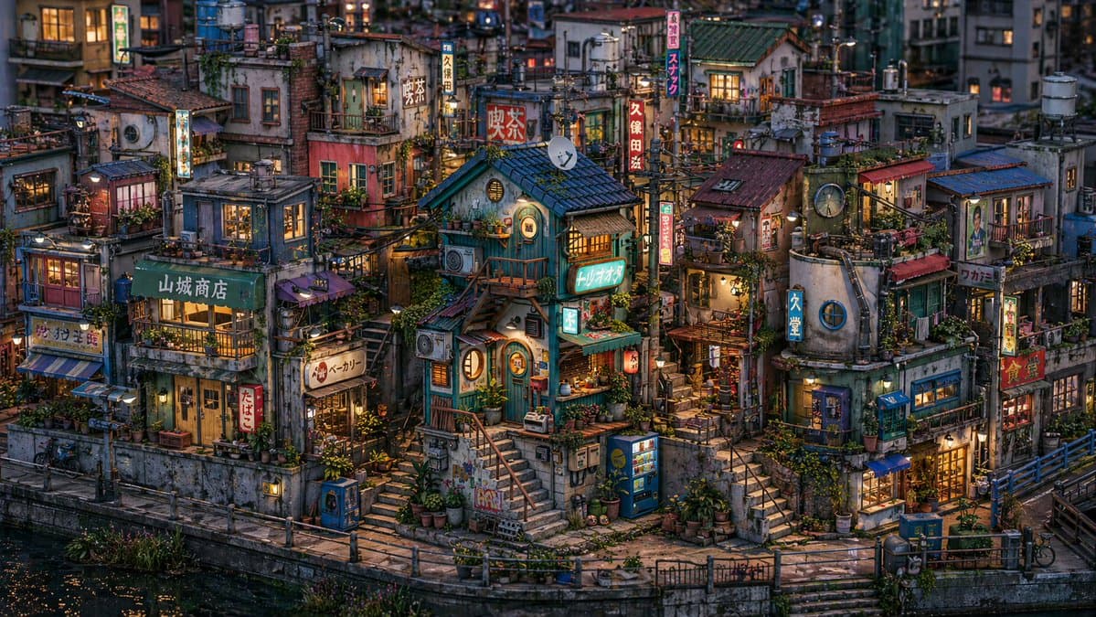 Miniature Japanese Canal Town at Dusk - AI image template preview