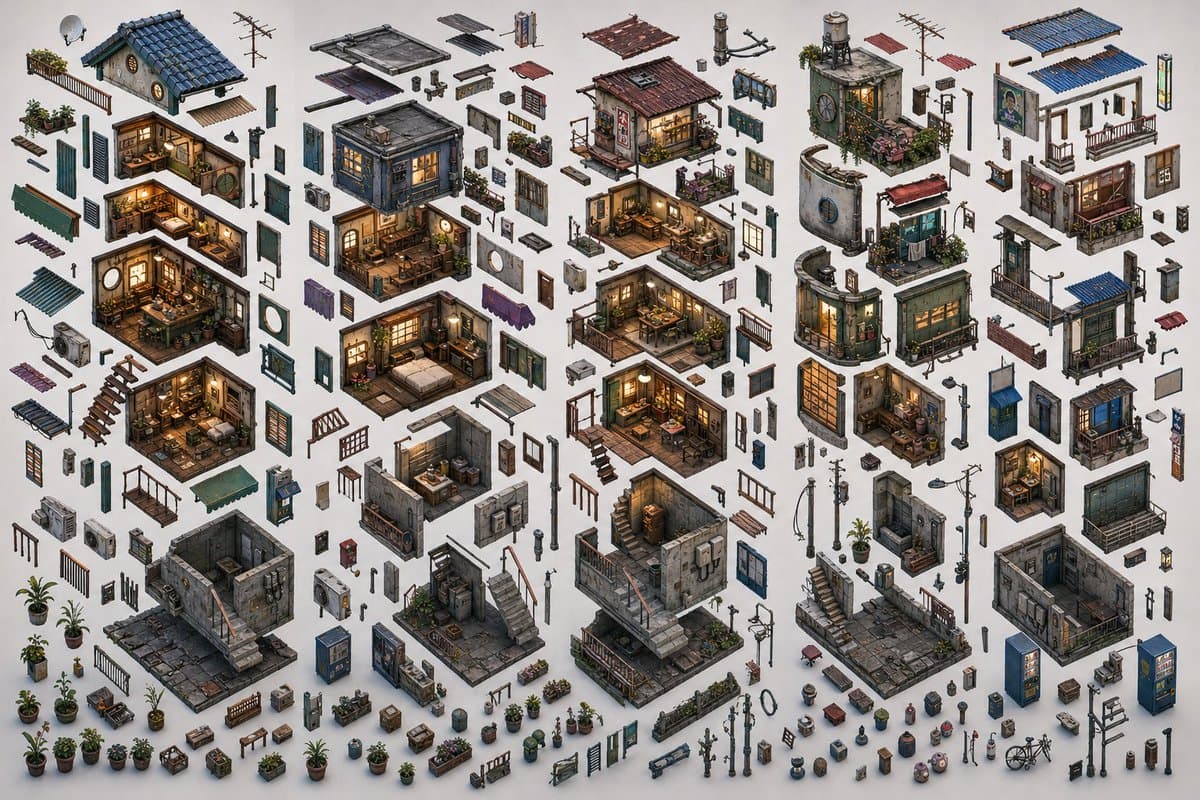 Isometric Exploded Urban Asset Sheet - AI image template preview