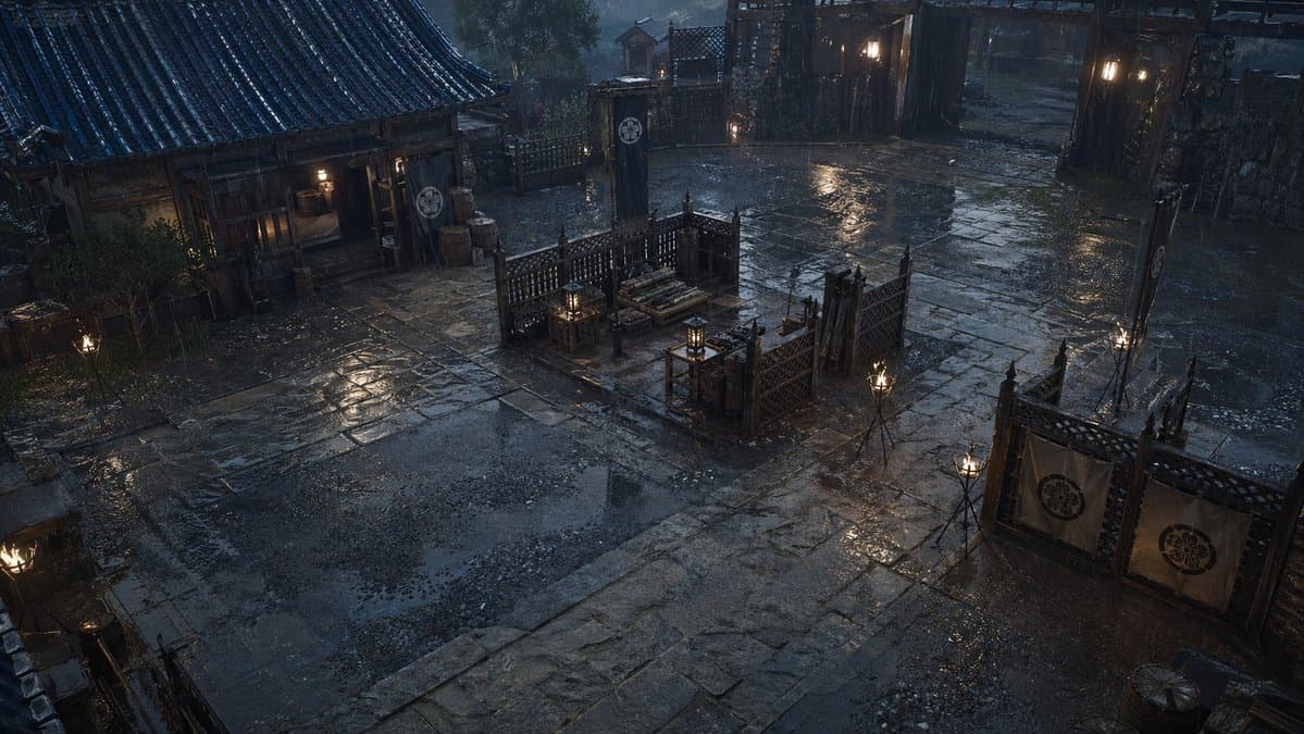 Rainy Feudal Japan Courtyard - AI image template preview