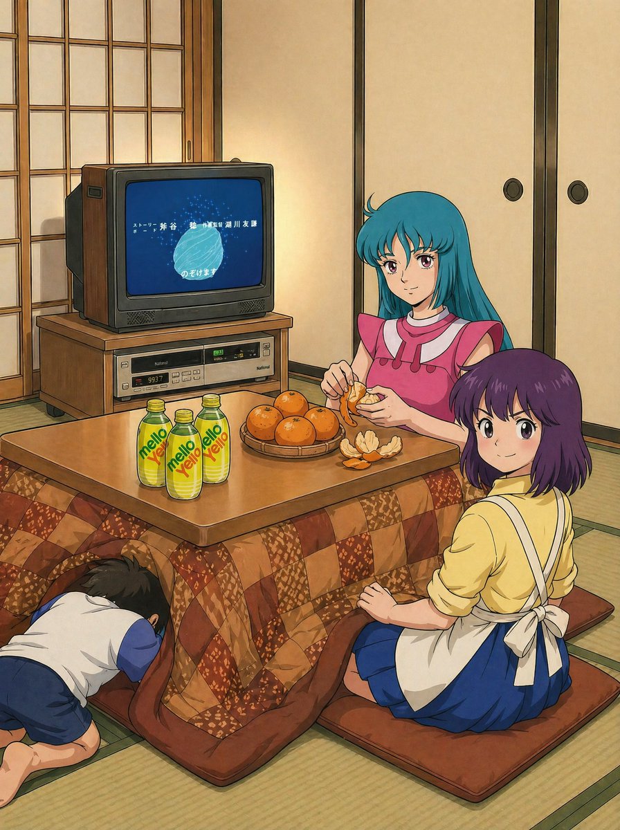 Retro Anime Kotatsu Family Scene - AI image template preview