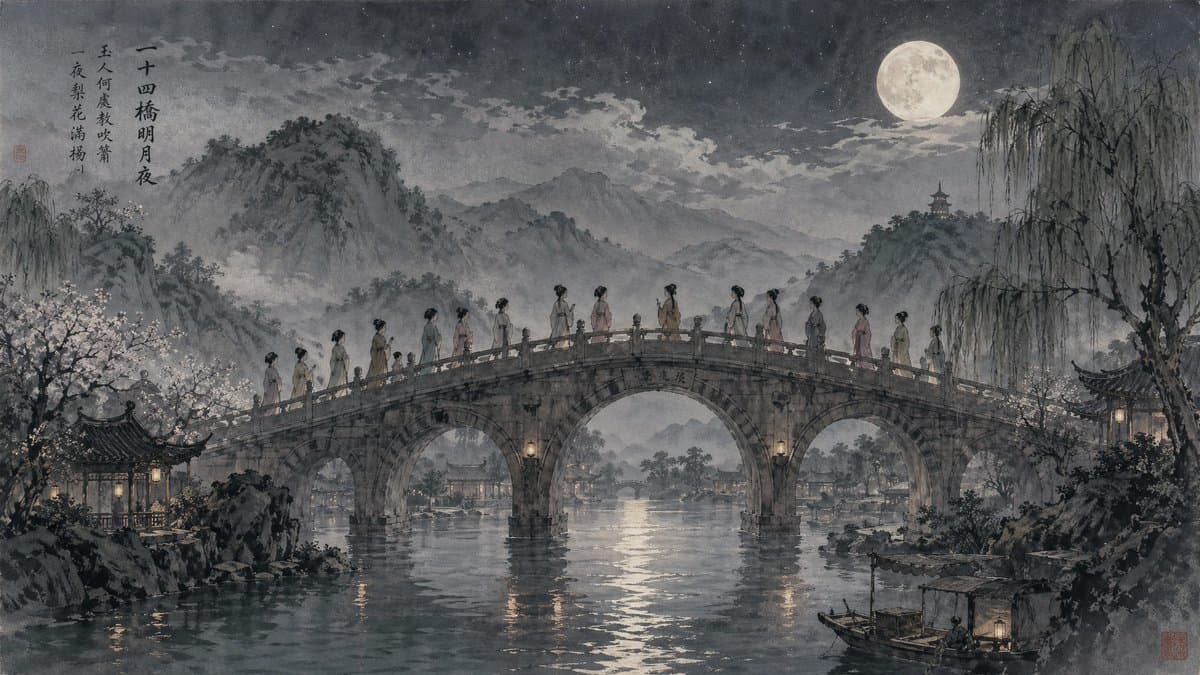Moonlit Twenty-Four Bridges Painting - AI image template preview
