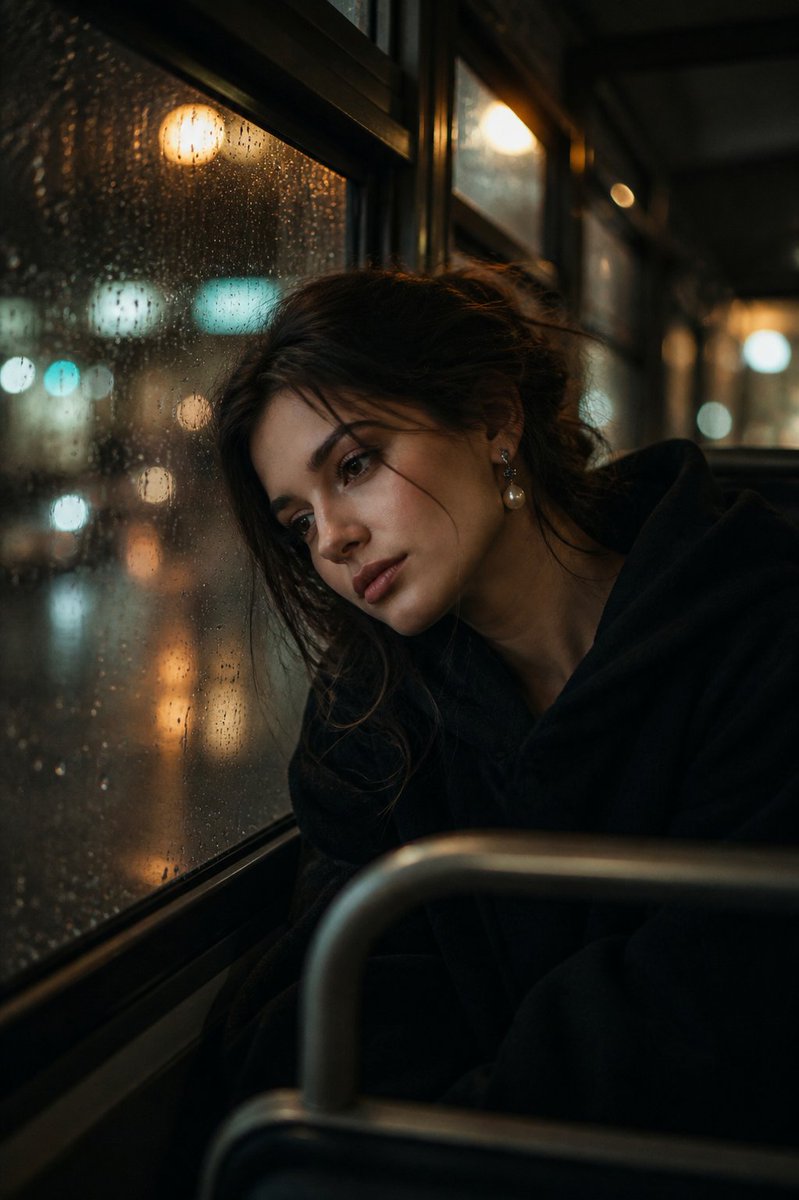 Melancholic Rainy Night Bus Portrait - AI image template preview