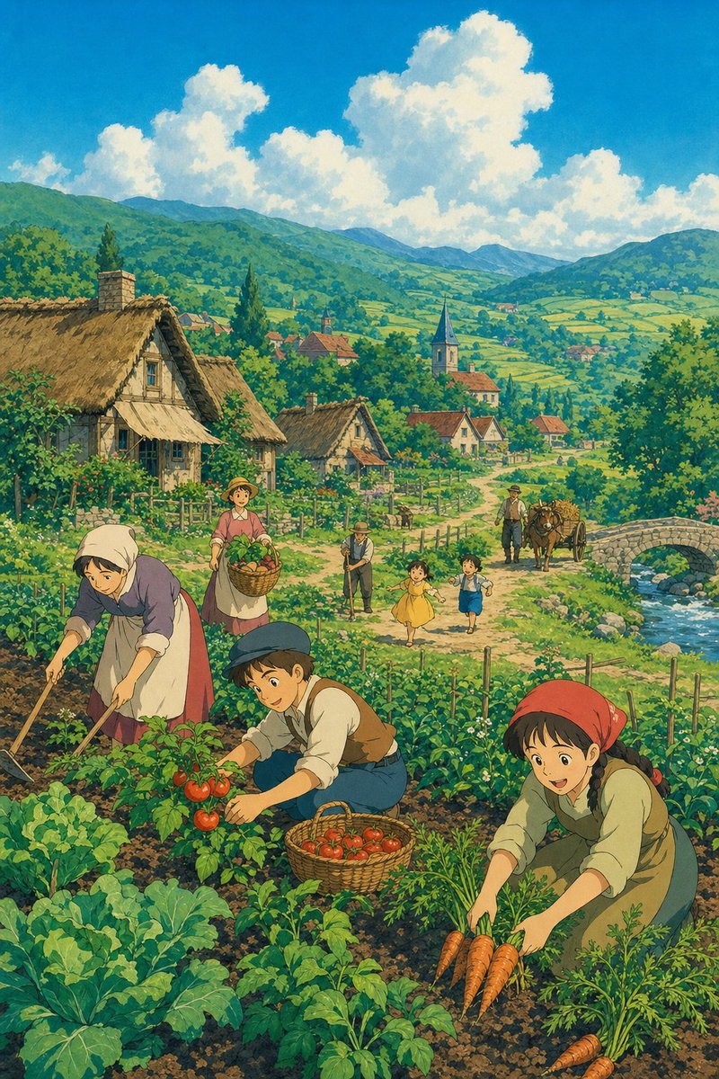 Ghibli Style Pastoral Village - AI image template preview