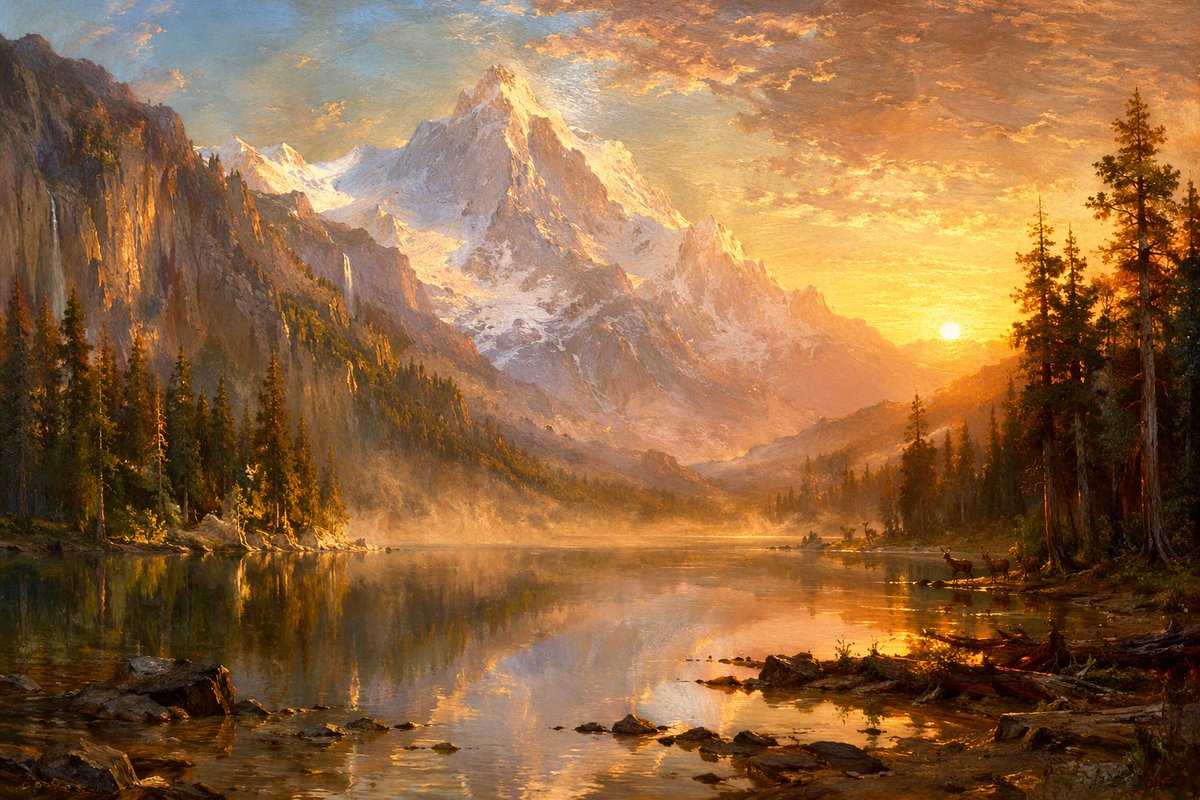 Sunset Alpine Lake Oil Painting - AI image template preview