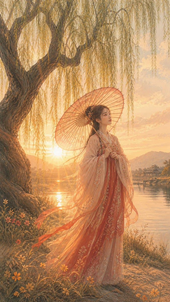 Sunset Hanfu Willow Lakeside Portrait - AI image template preview