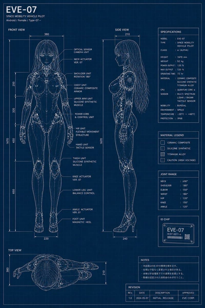 EVE-07 Android Blueprint Sheet - AI image template preview