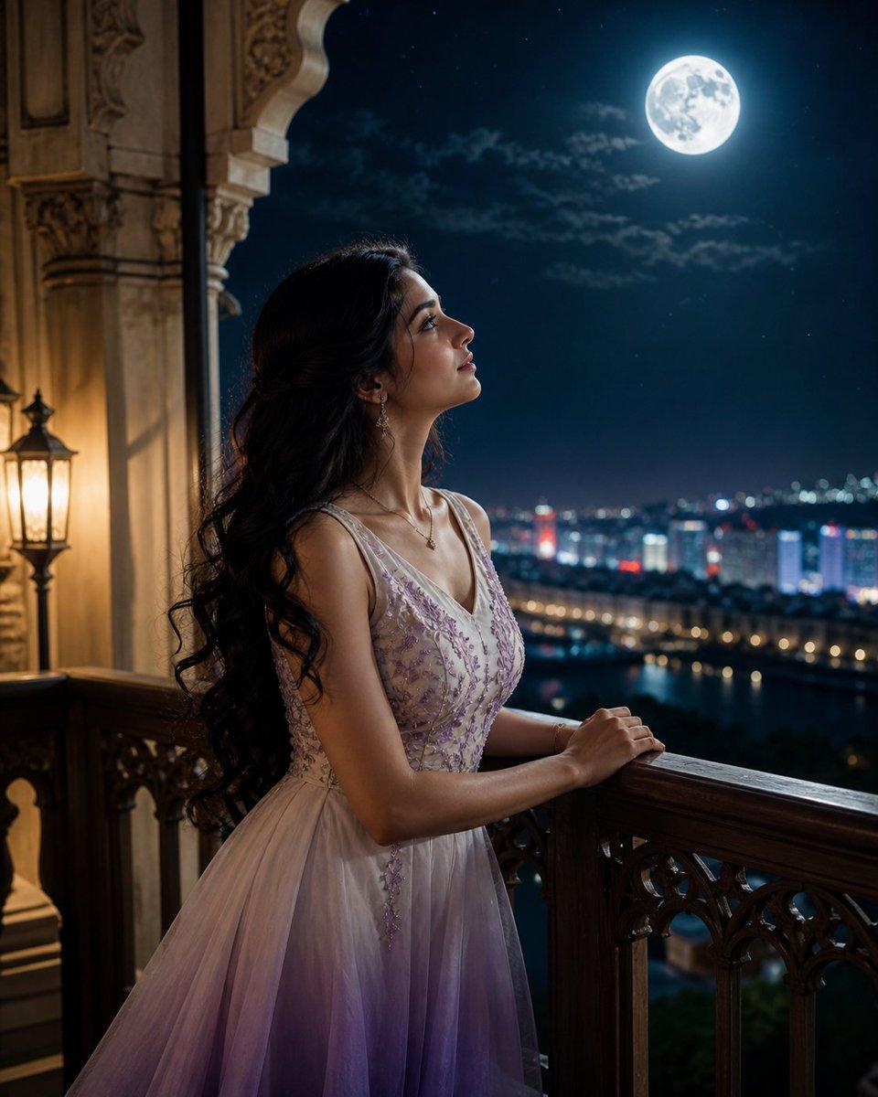 Moonlit Indian Woman Balcony Portrait - AI image template preview