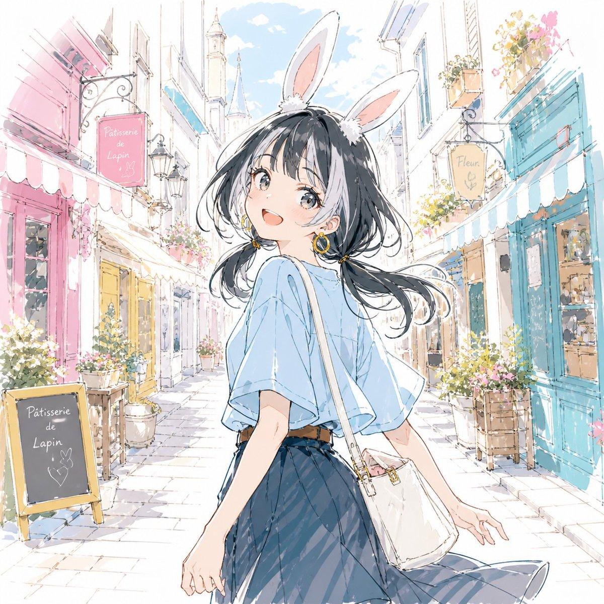Pastel Bunny Girl Street Walk - AI image template preview