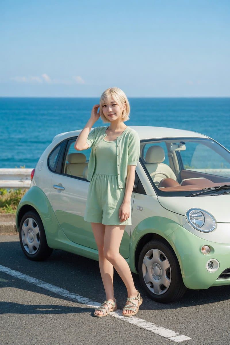 Mint Compact Car by the Sea - AI image template preview