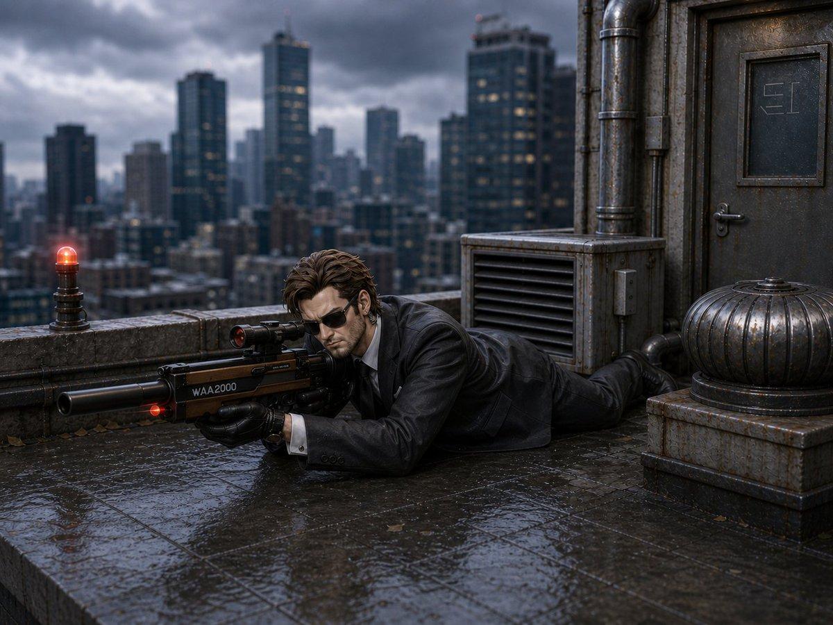 Rainy Rooftop Sniper Diorama - AI image template preview