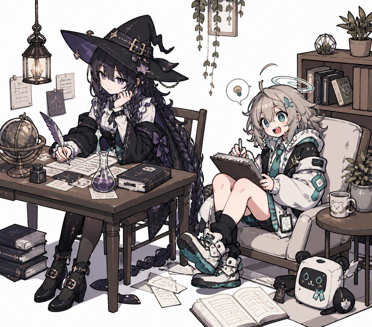 Cozy Witch and Halo Girl Study Scene - AI image template preview