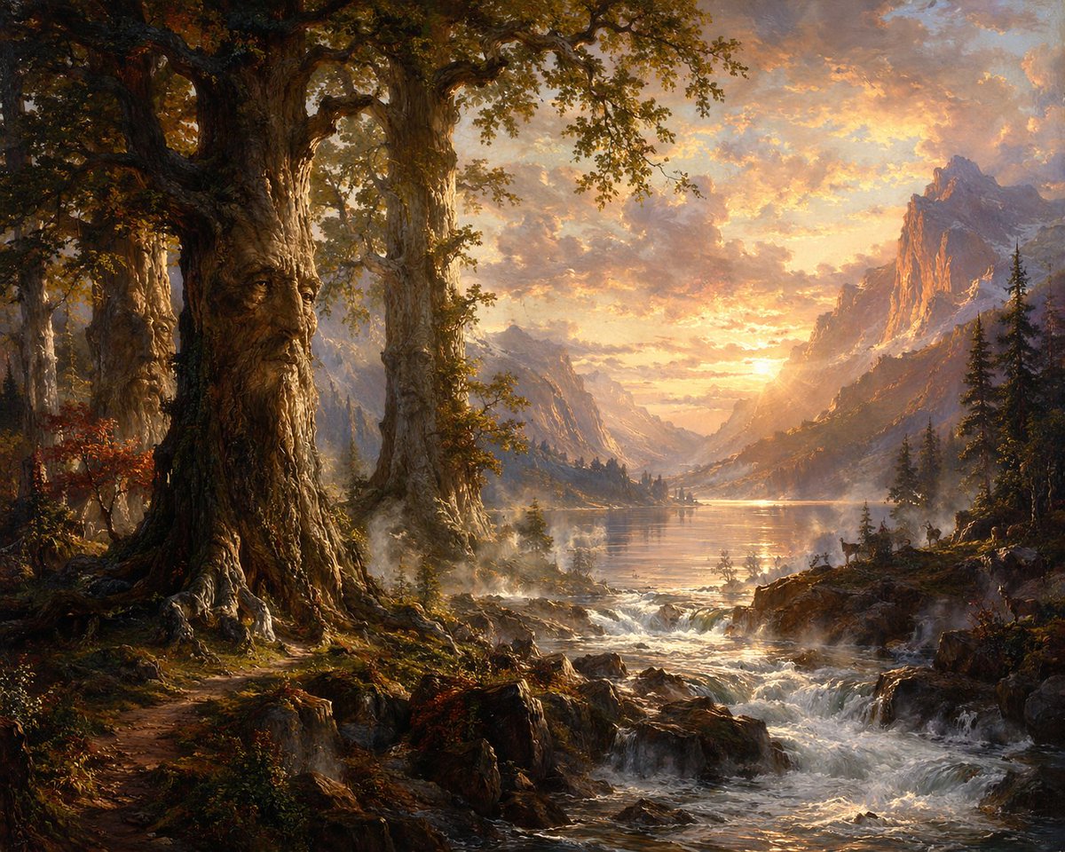 Ancient Tree Guardians at Sunset - AI image template preview