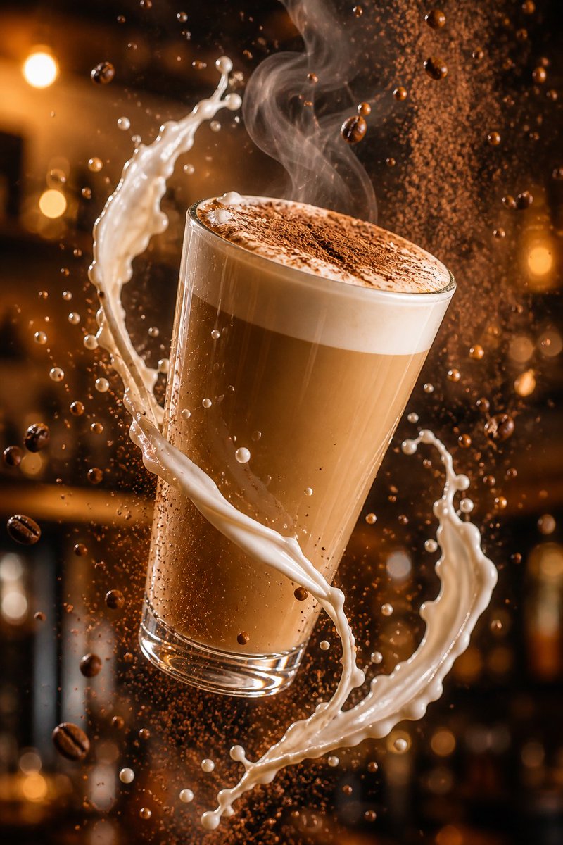 Cinematic Spinning Latte Splash - AI image template preview