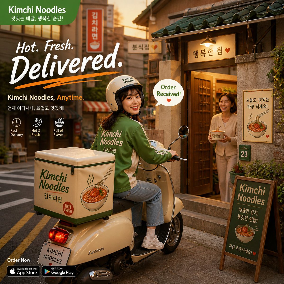 Warm Kimchi Noodles Delivery Ad - AI image template preview