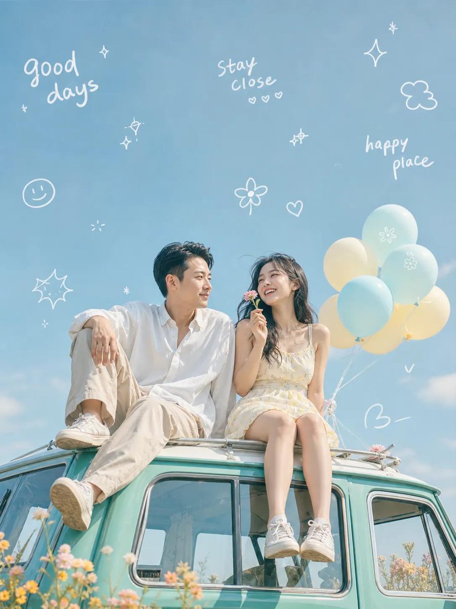 Dreamy Couple on Turquoise Van - AI image template preview