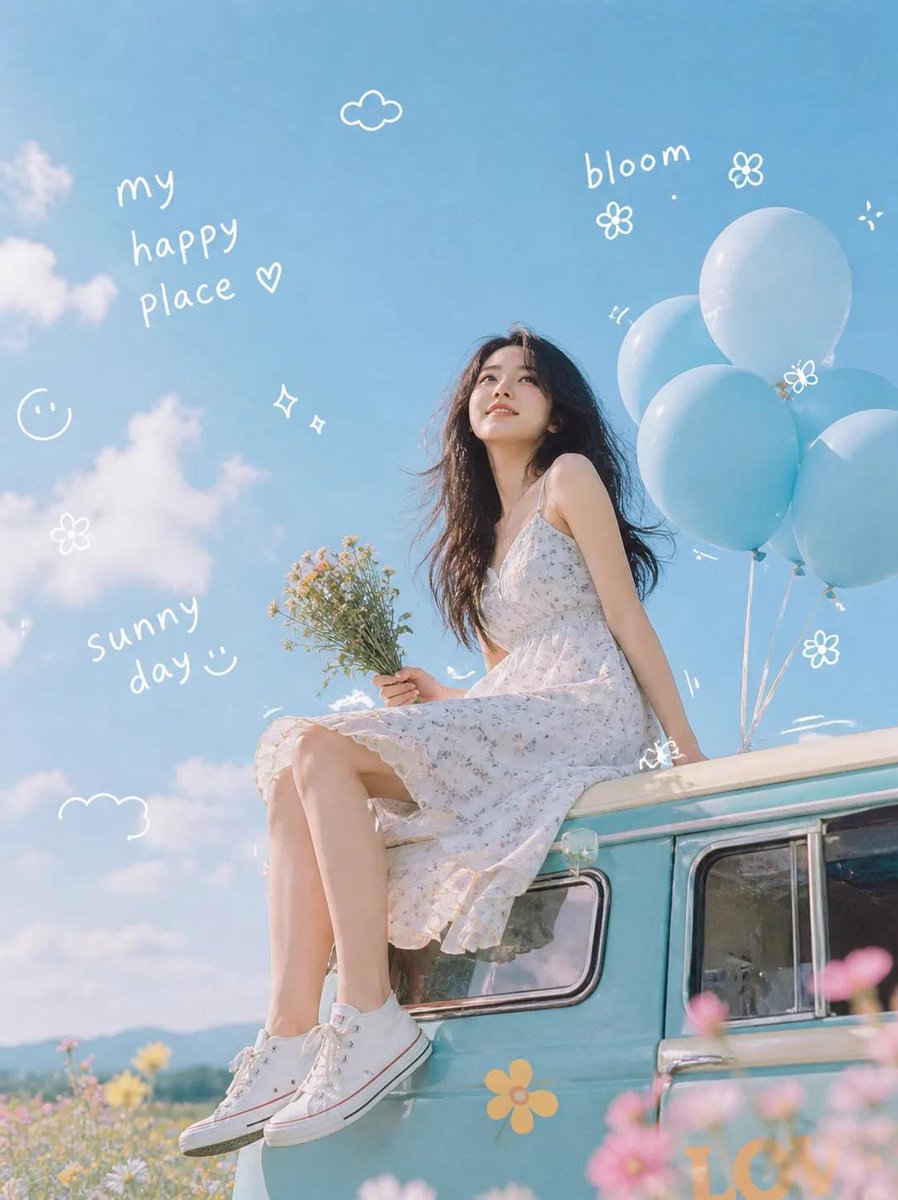 Dreamy Van Rooftop Flower Field Portrait - AI image template preview