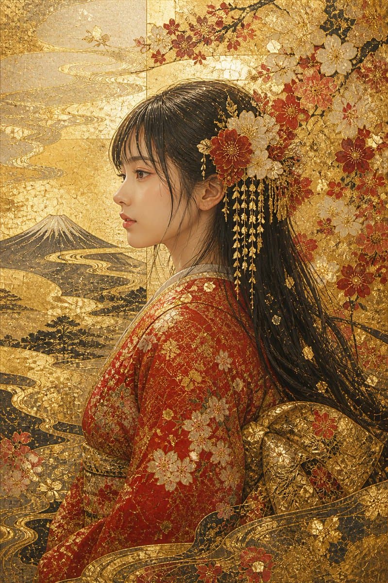Kirikane Gold Kimono Portrait - AI image template preview