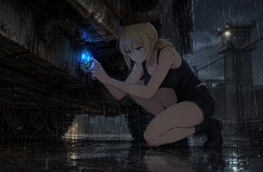 Rainy Sci-Fi Infiltration Scene - AI image template preview