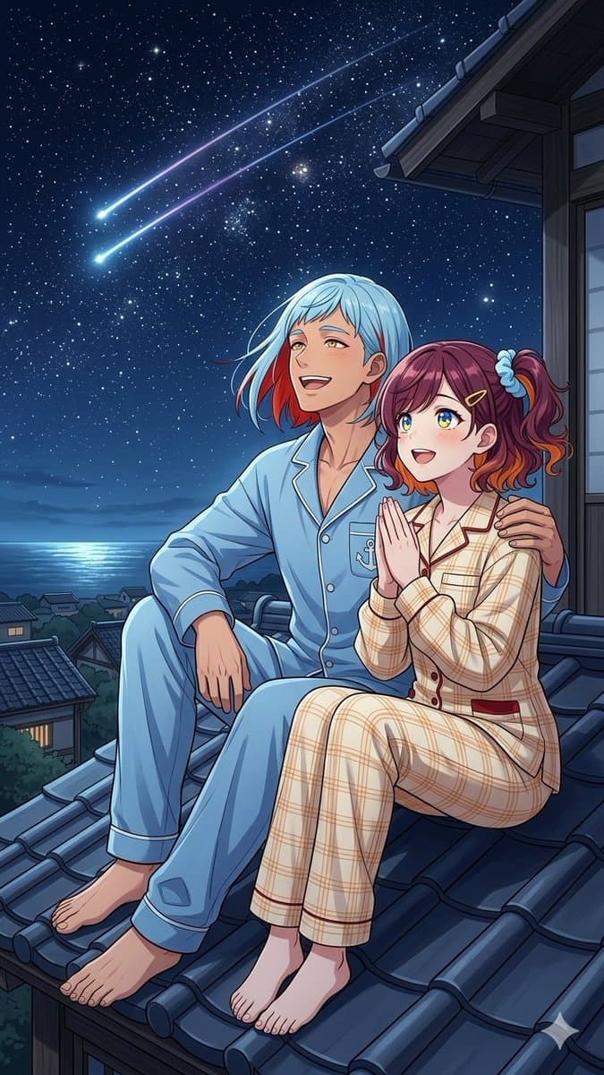 Anime Rooftop Stargazing Couple - AI image template preview