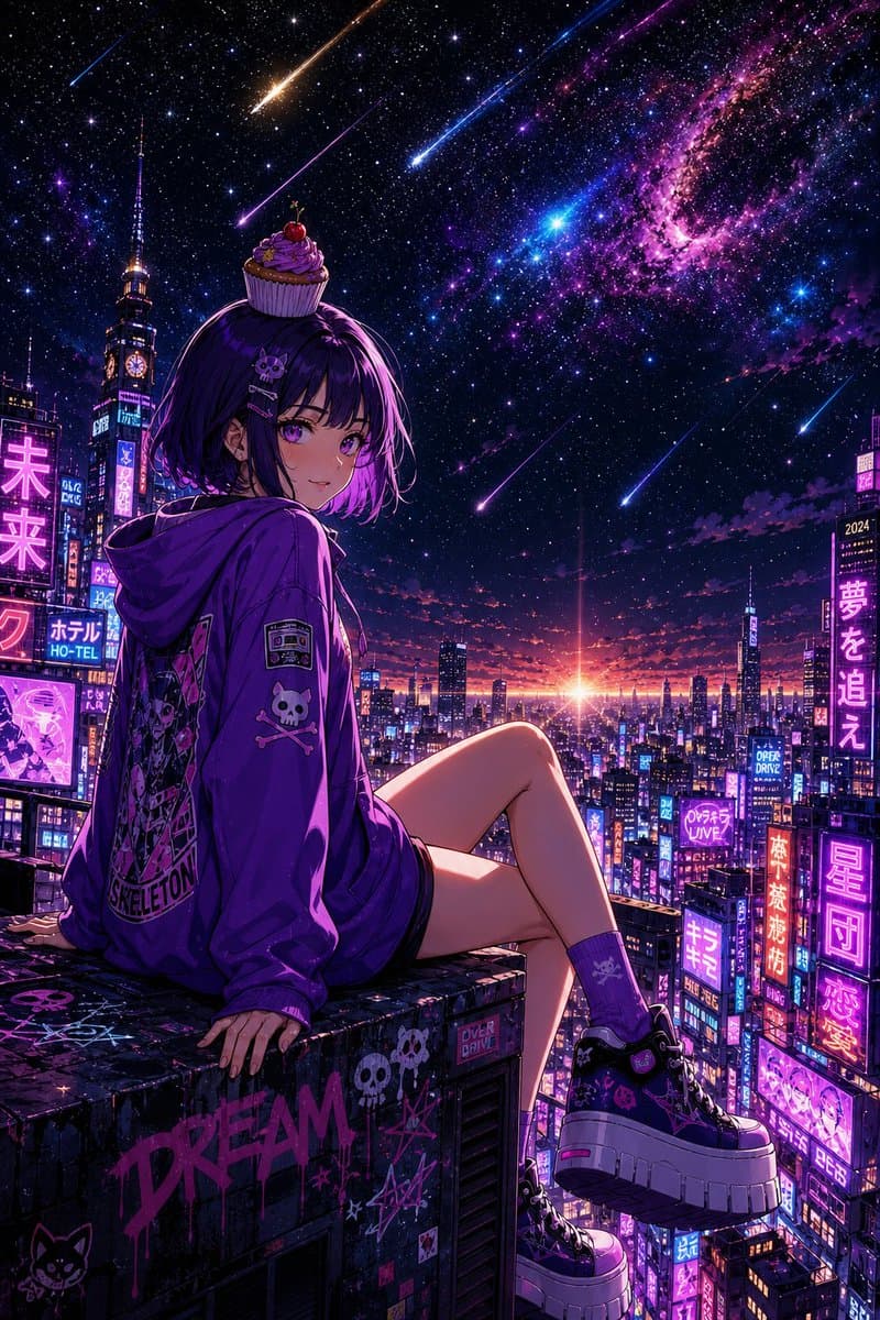 Cyberpunk Cupcake Rooftop Girl - AI image template preview