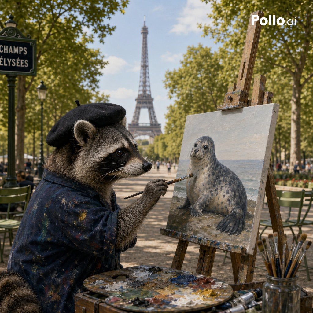 Photorealistic Raccoon Painter in Paris - AI image template preview