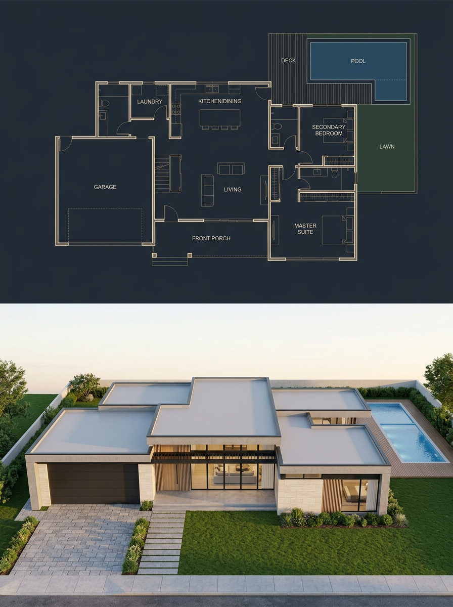 Split Blueprint and Modern House Render - AI image template preview