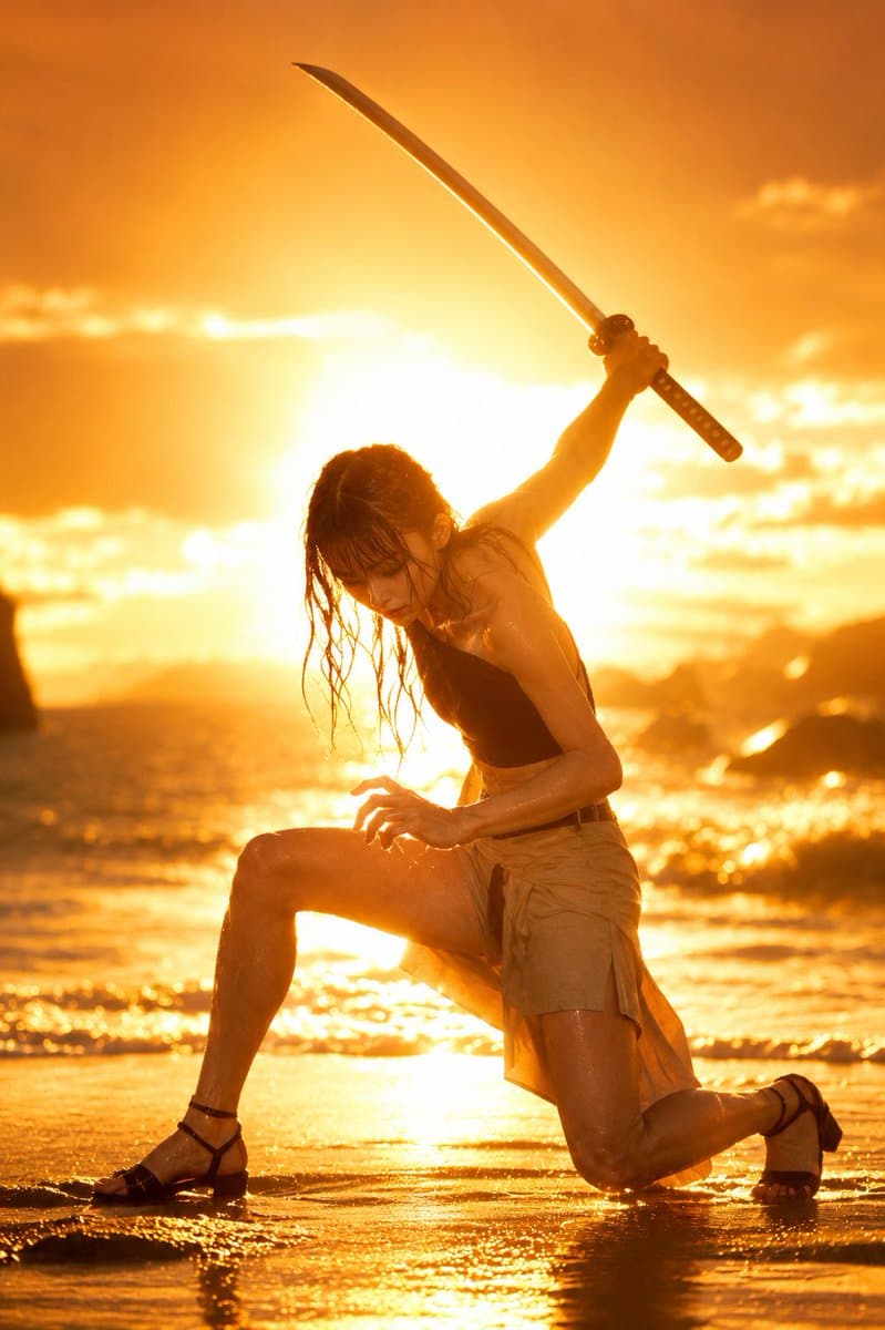 Sunset Beach Katana Pose - AI image template preview