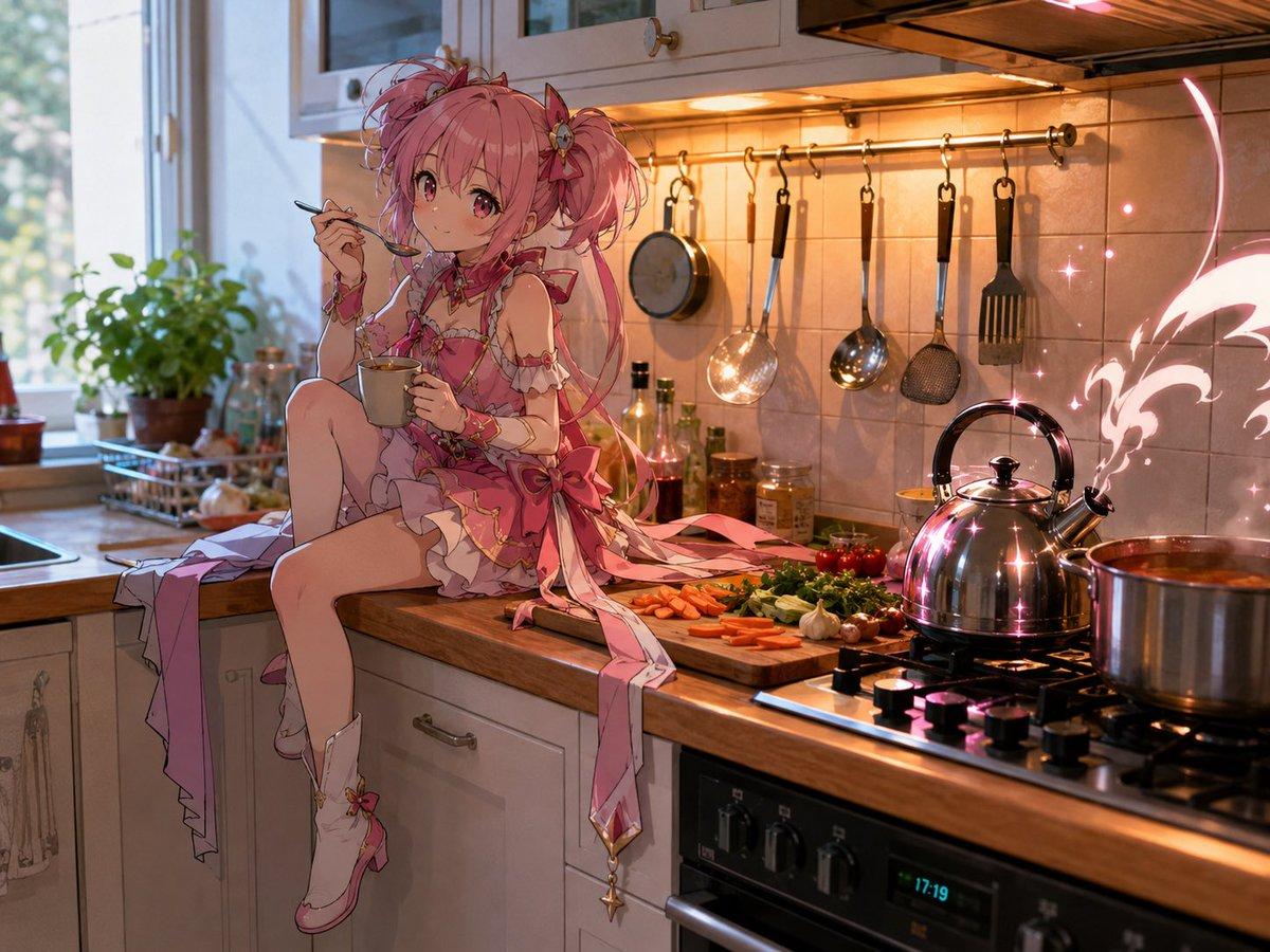 Magical Girl in Cozy Kitchen - AI image template preview