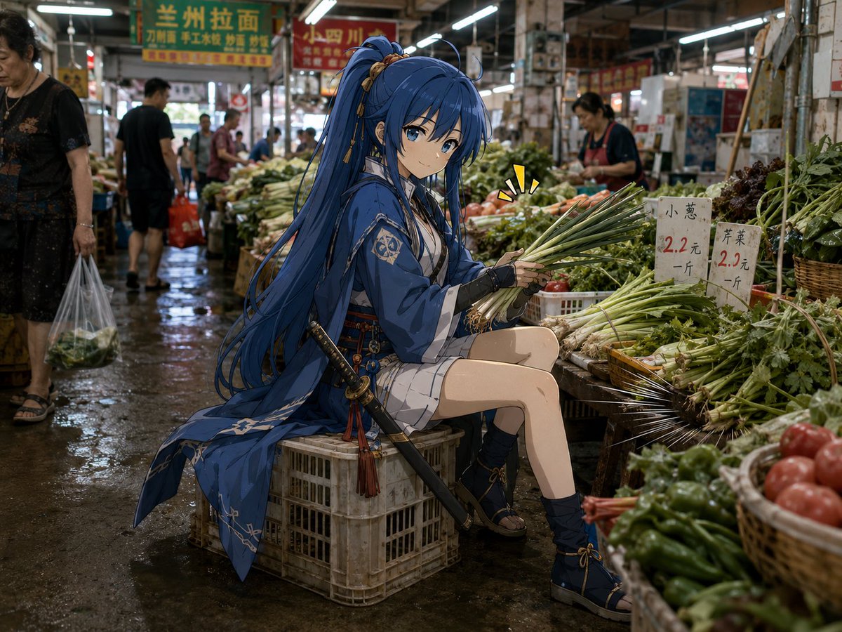 Anime Swordswoman in Wet Market - AI image template preview