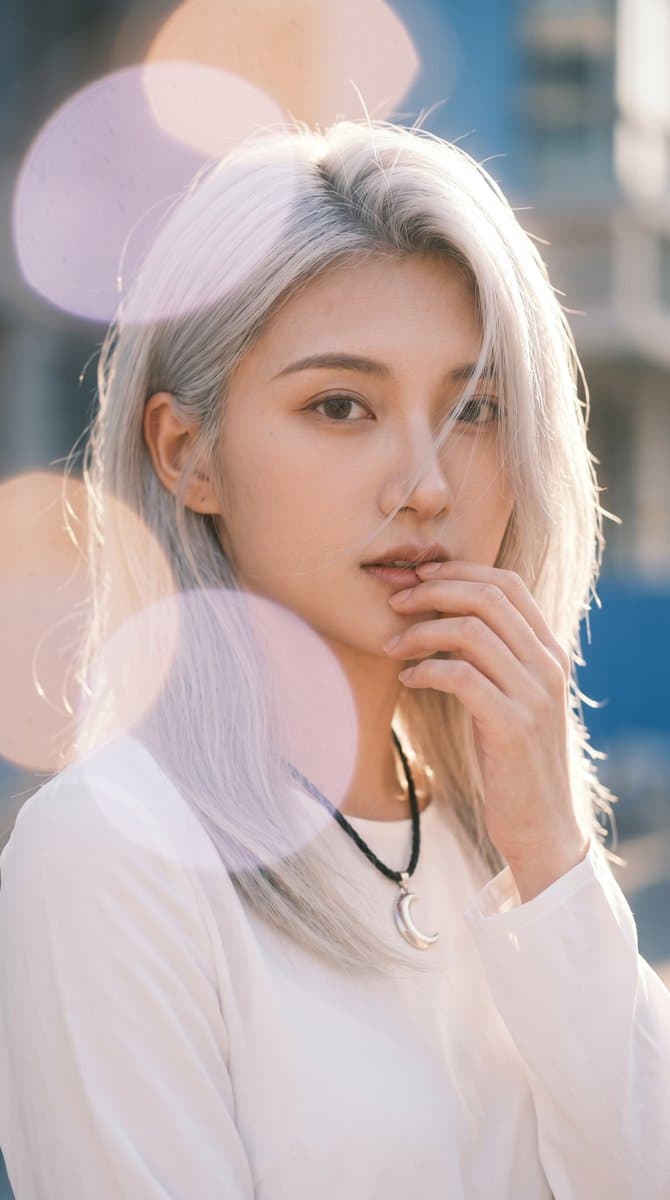 Backlit Silver-Haired Model Portrait - AI image template preview