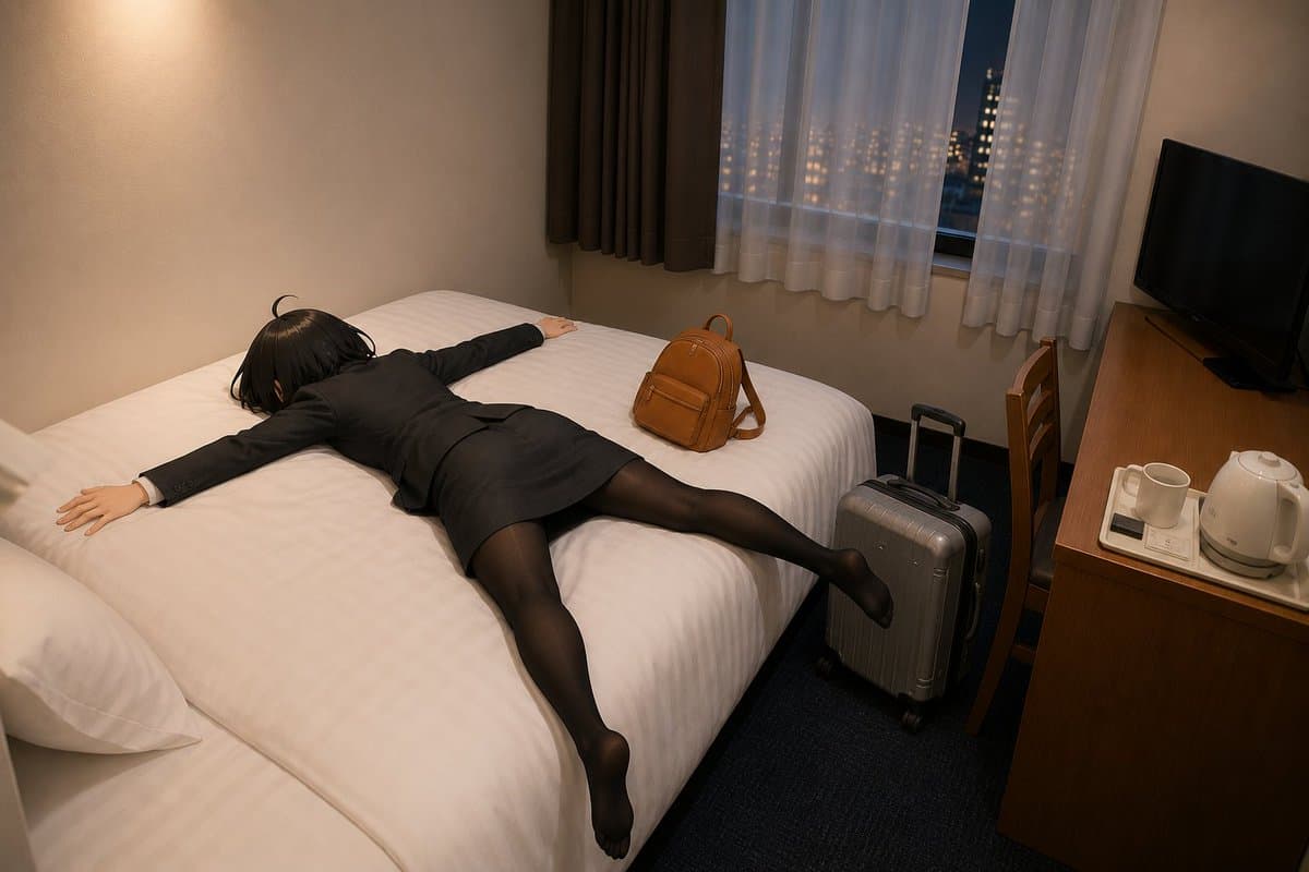 Exhausted Office Woman in Hotel Room preview