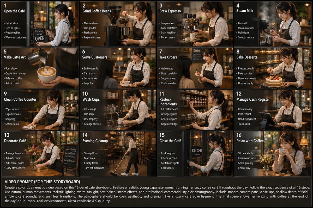 Japanese Cafe Daily Routine Storyboard - AI image template preview