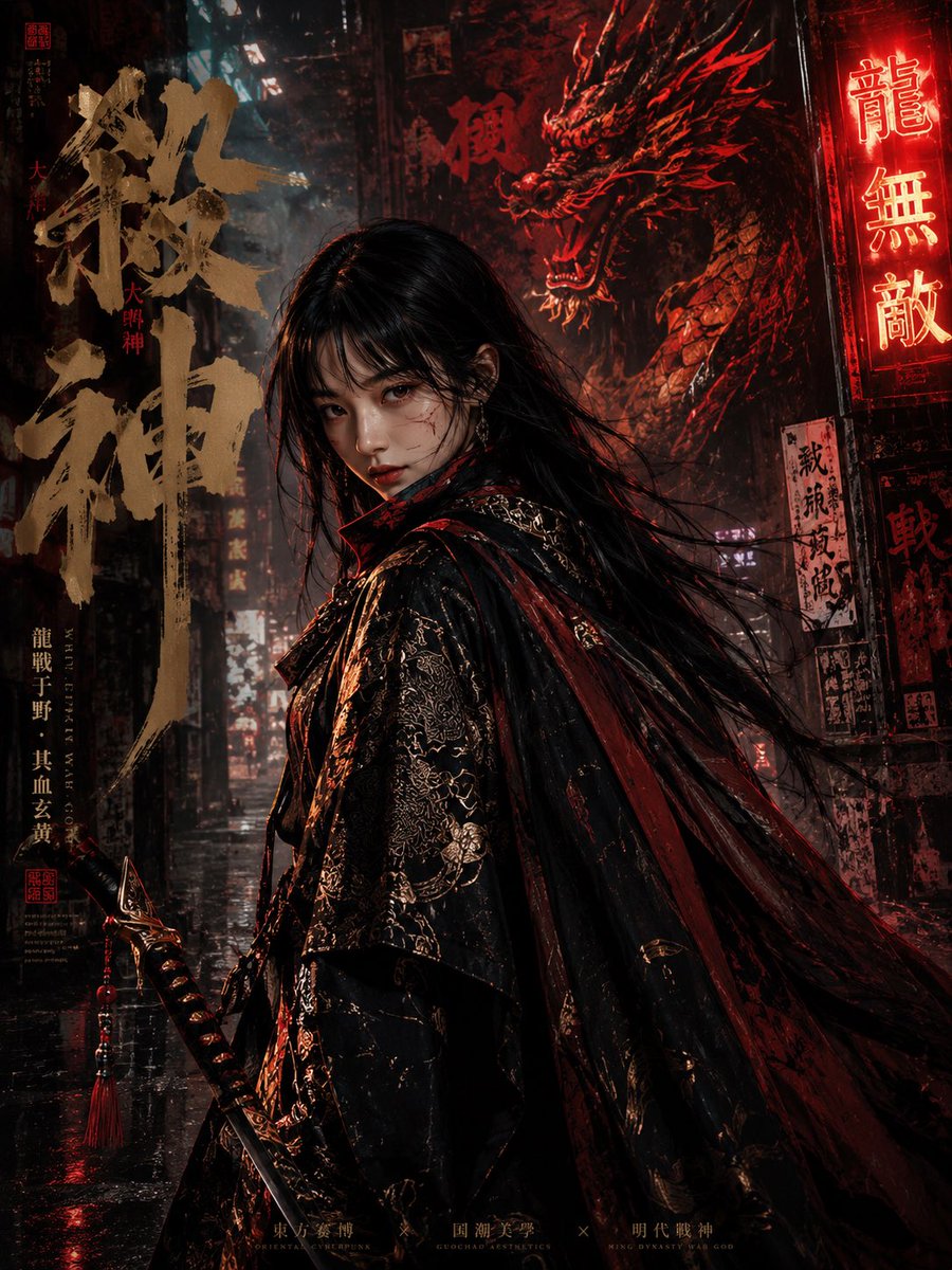 Cyberpunk Ming Dynasty Warrior Poster - AI image template preview
