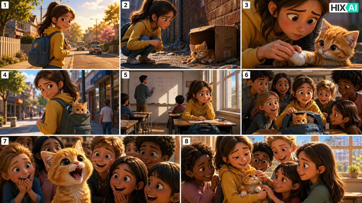Eight-Panel Kitten Rescue Storyboard - AI image template preview