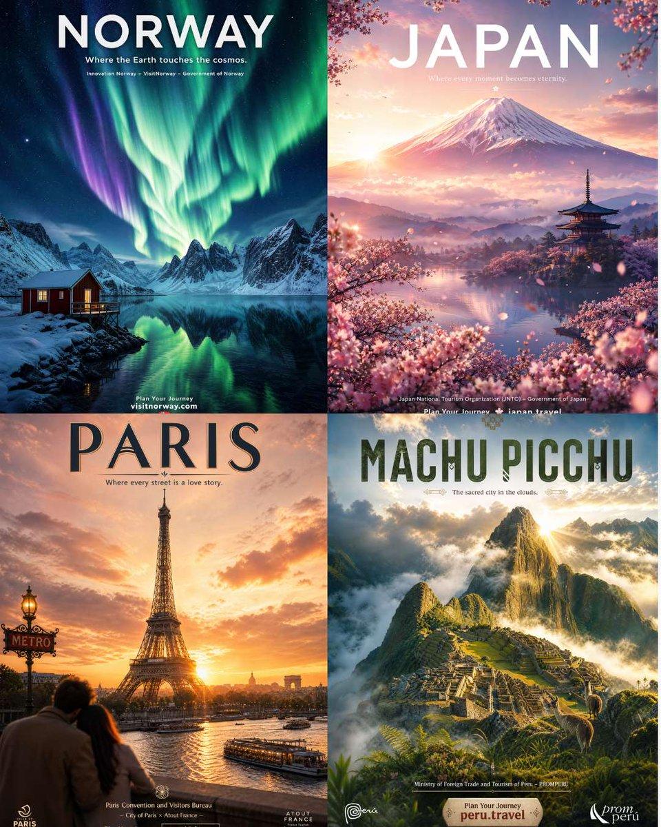 Four Destination Tourism Poster Grid - AI image template preview