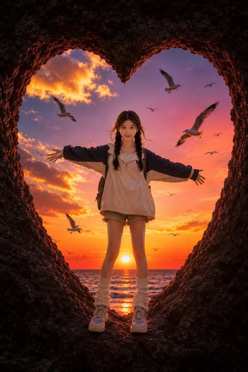 Heart-Shaped Sunset Cave Portrait - AI image template preview